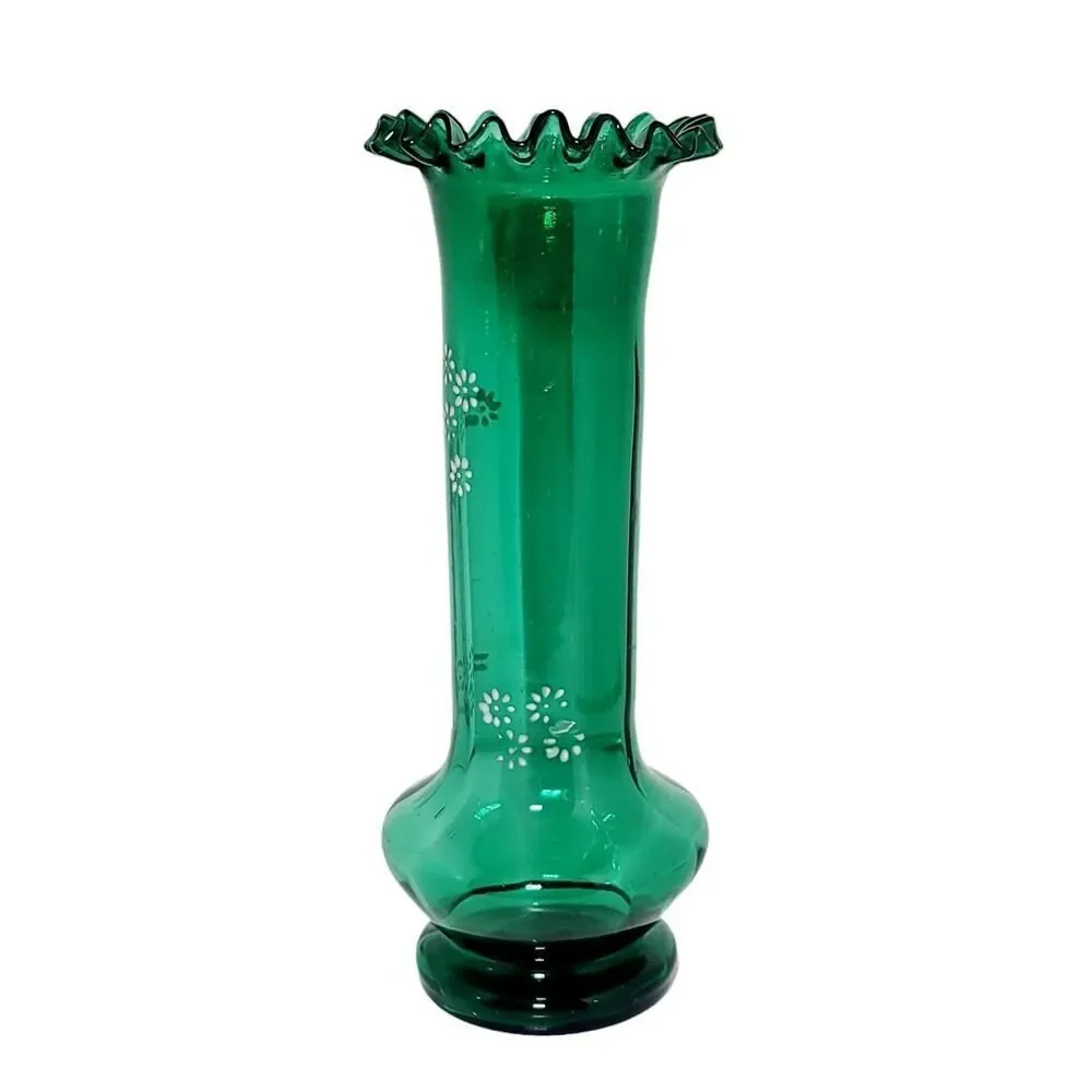Moser Bohemian Czech Hand Blown Glass Hand Painted Green Enamel Ruffled Vase 10”